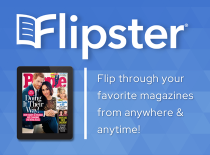 Flipster Logo and image of an iPad with People magazine. "Flip through your favorite magazines from anywhere and anytime!"